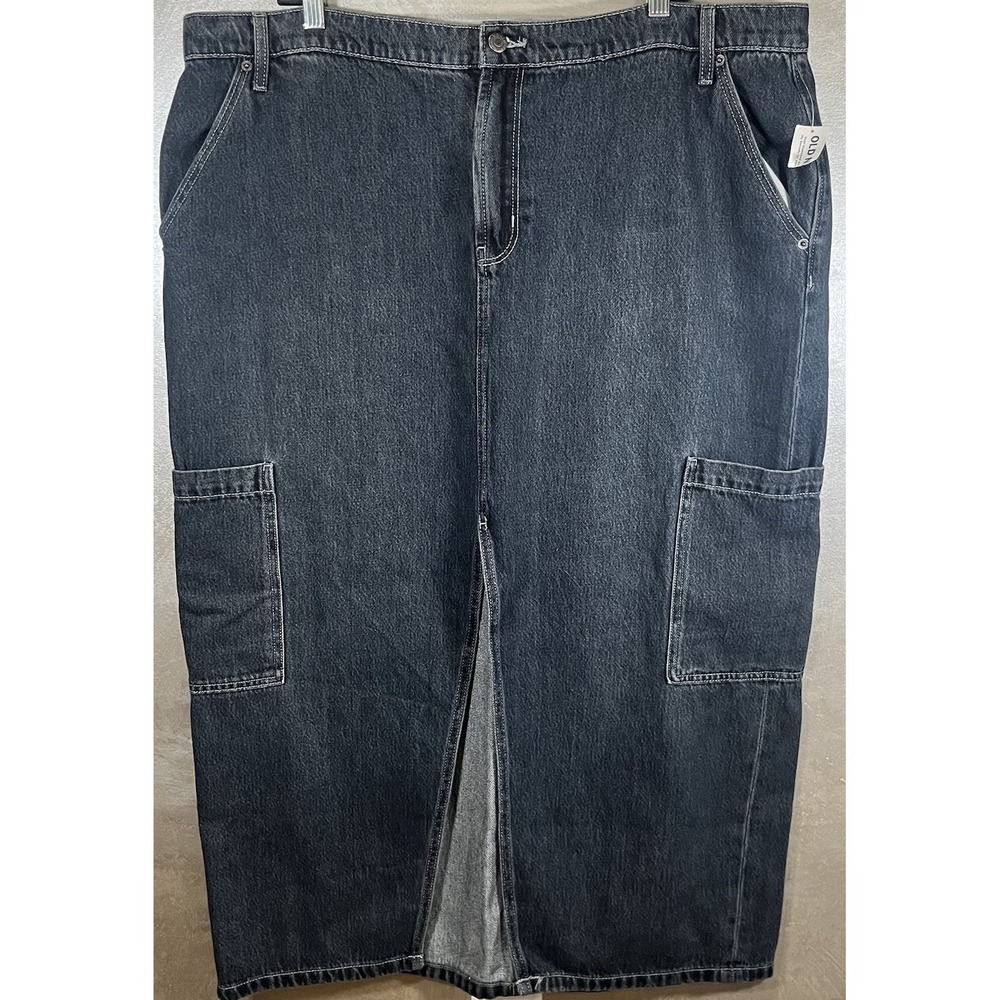 Old Navy Skirt Size 18 Mid Rise Denim Cargo Column Slit Drapey Denim Blue NEW